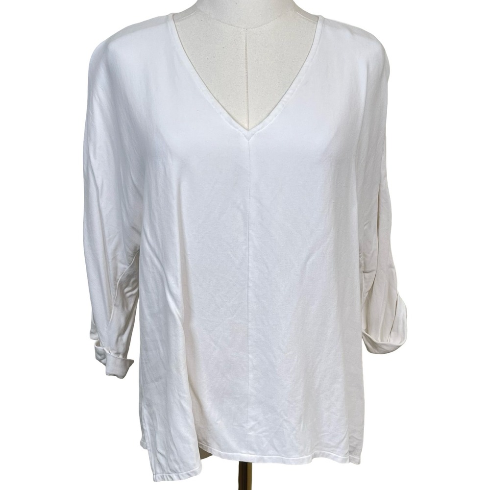 Humanoid V-Neck Tunic Blouse Women S White‎ Viscose 3/4 Roll Sleeve Minimalist
